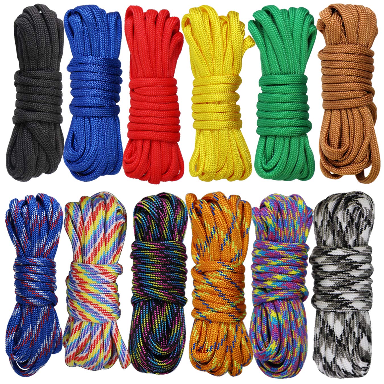 aufodara 12Pcs Paracord Bracelet Rope 4mm Parachute Cord Survival Rope Set for Outdoors, Camping, DIY Manual Braiding Paracord Lanyard, Paracord Bracelets (12 Color, 10 Feet)