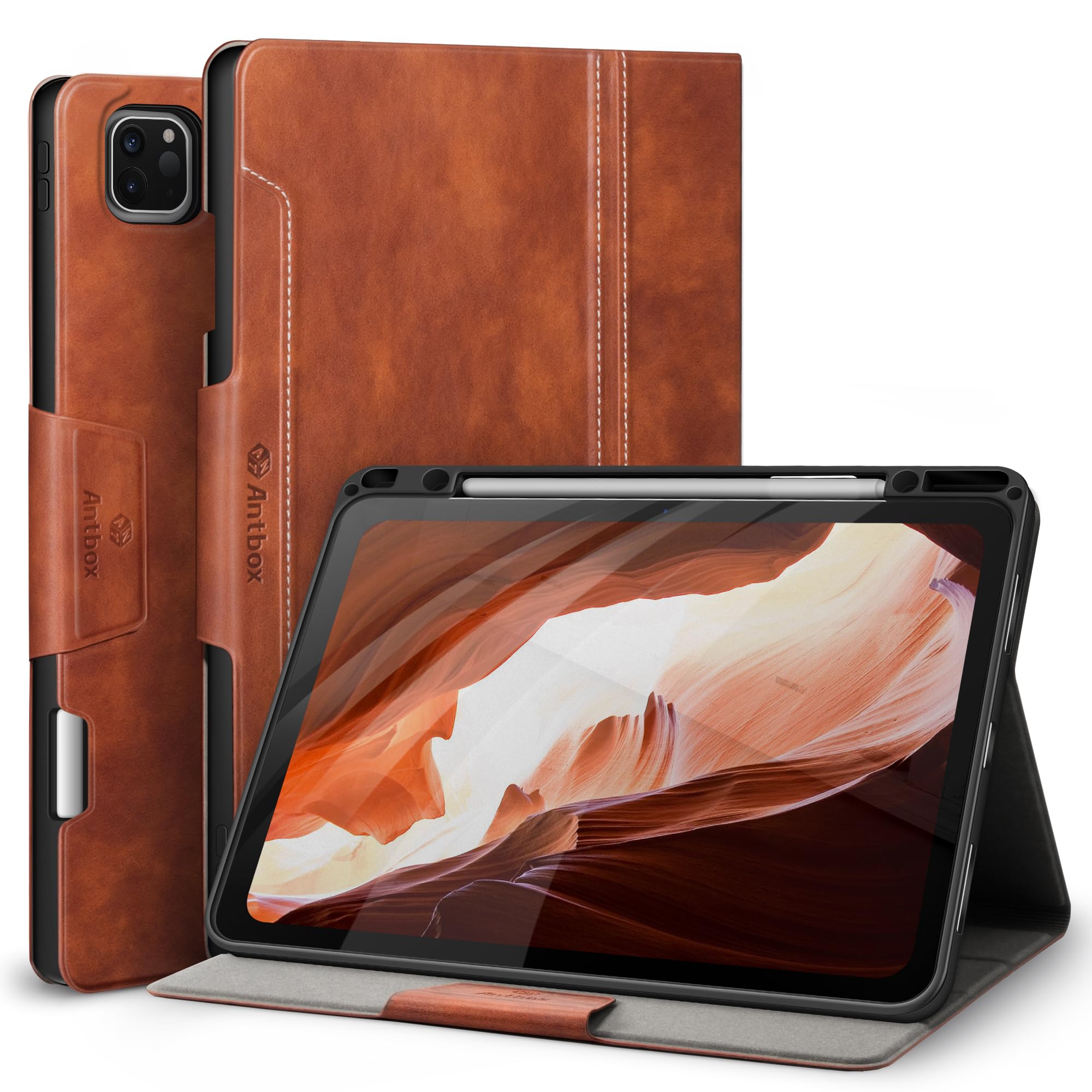 Antbox Case for iPad Pro 12.9'' 6th Generation (2022) 5th/4th/3rd Gen (2021/2020/2018), Built-in Pencil Holder Auto Sleep/Wake Function PU Leather Smart Cover (Brown)