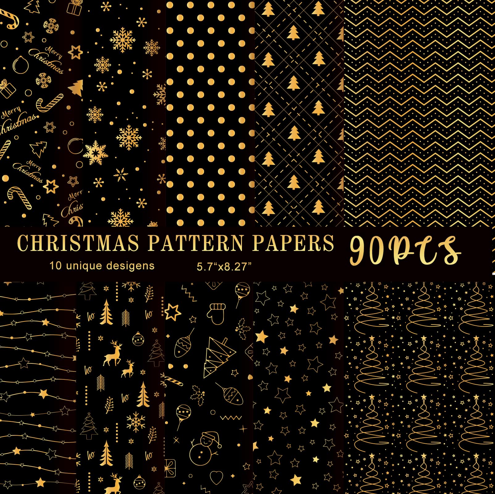 MIAHART 90 Sheets Merry Christmas Pattern Paper Set 10 Designs A5 Size Festival Decorative Craft Paper for Card Making Scrapbook (Black & Gold, A5-90)