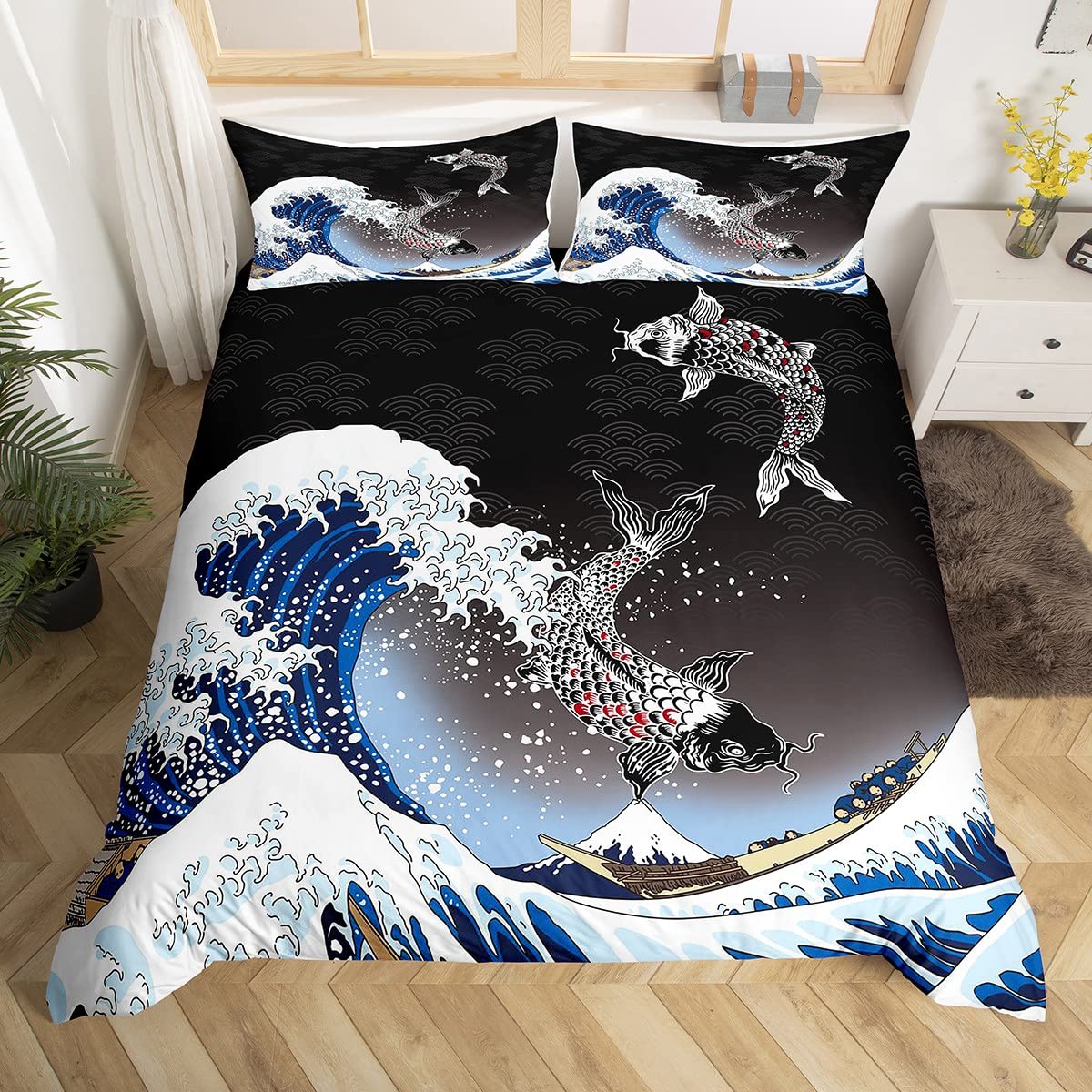 Homewish Sea Waves Duvet Cover Koi Fish Bedding Set King Size Japanese Style Comforter Cover Set for Boys Girls Youth,Mount Fuji Japan Carp Bed Sets Ethnic Kawaii Ukiyoe Theme Lake View Bedroom Decor