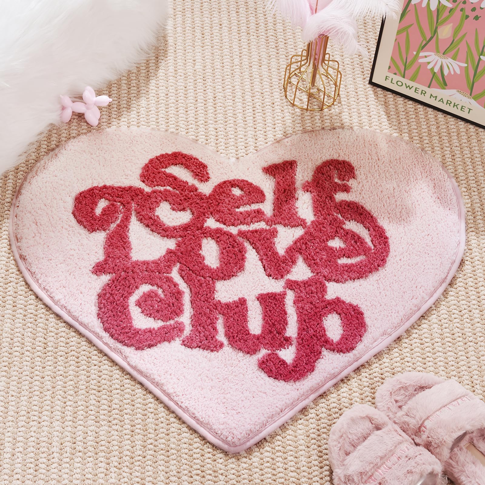 Photo 1 of ELDONE Self Love Club Rug Heart Shaped - 37"x29" Cute Bath Mat Non Slip, Funky Aesthetic Groovy Small Accent Rugs for Bedroom Bathroom, Girls Preppy Room Decor, Pink Heart Rug