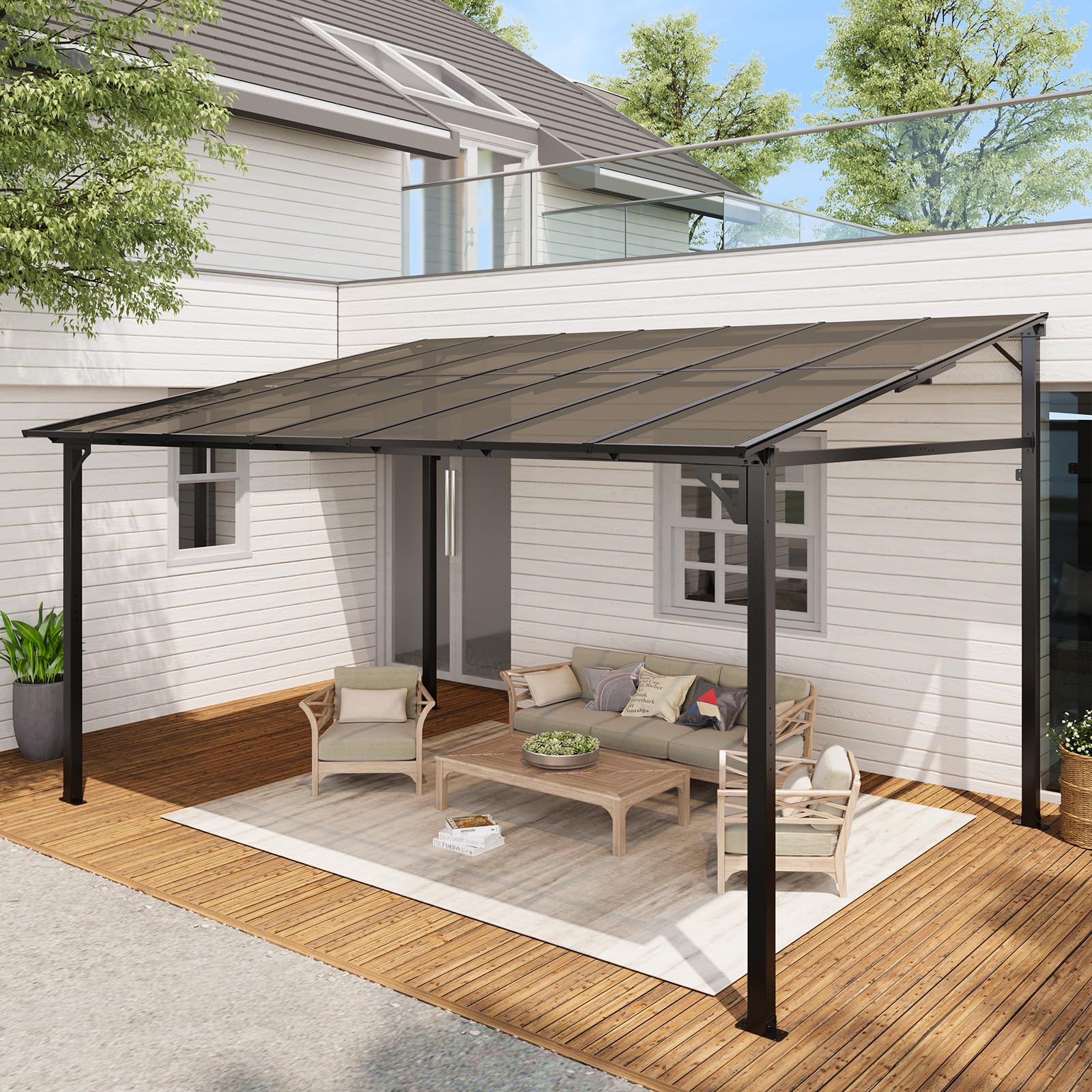 Photo 1 of ***MISSING ROOF TILE***
10x14 FT Heavy Duty Wall Mounted Gazebo Pergola,All-Weather Lean to Gazebo with 6mm Anti-UV Polycarbonate Roof & Pre-Drilled Post Bases,Metal Frame Awning,Hard Top Gazebos for Outdoor Deck & Backyard
