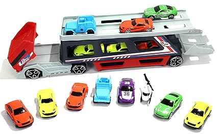 MWG Exports Co Long Haul Storage Garage Carrier Toy Truck Case with 7 Toy Cars and 1 Helicopter for Racing Kids Car