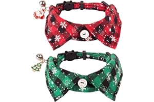 ADOGGYGO Christmas Cat Collars Breakaway with Bow Bell, 2 Pack Xmas Kitten Formal Tuxedo with Removable Shirt Collar, Red Green Plaid Christmas Collars for Cats (7.5"- 10.5")