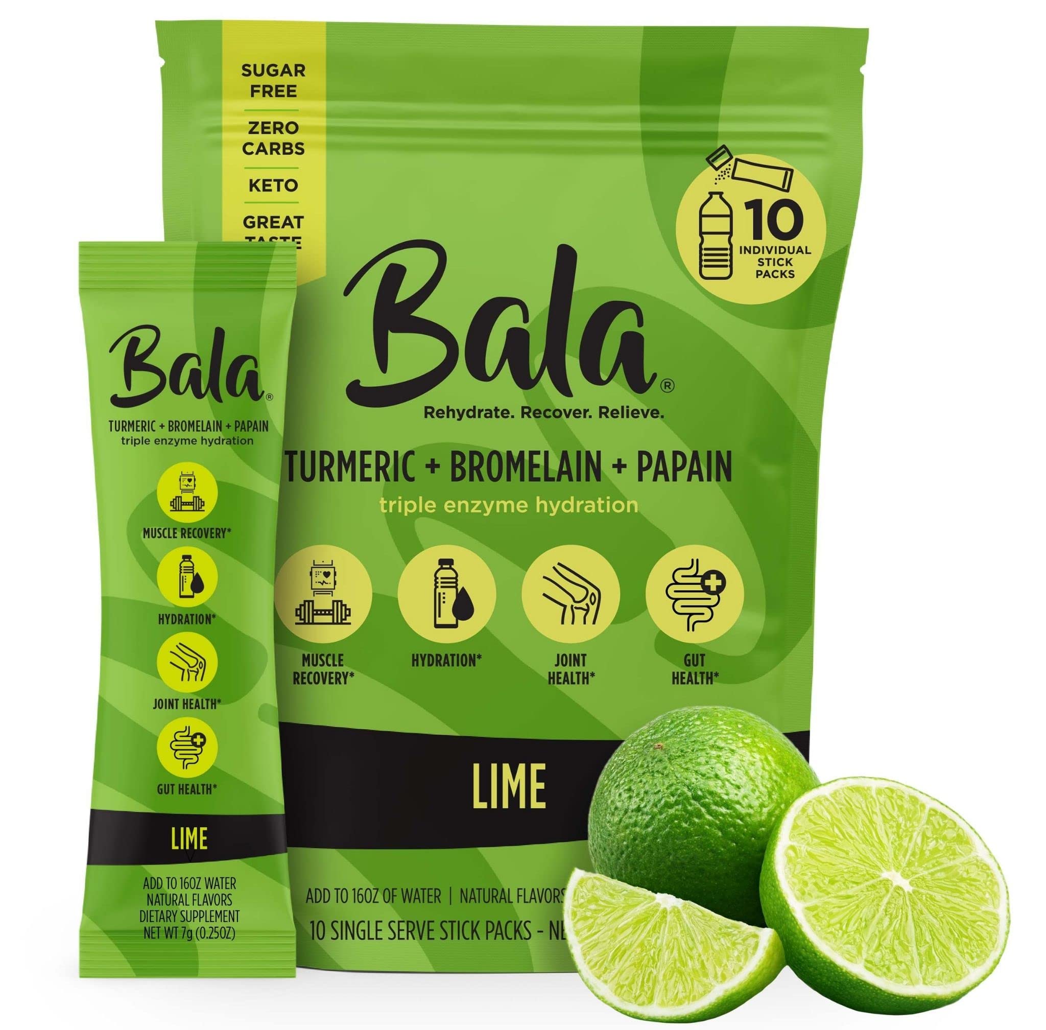 BALA Enzyme Hydration & Sugar-Free Electrolyte Drink Mix Powder - may contributes to overall wellness - Lime 0.25oz (10 Count)
