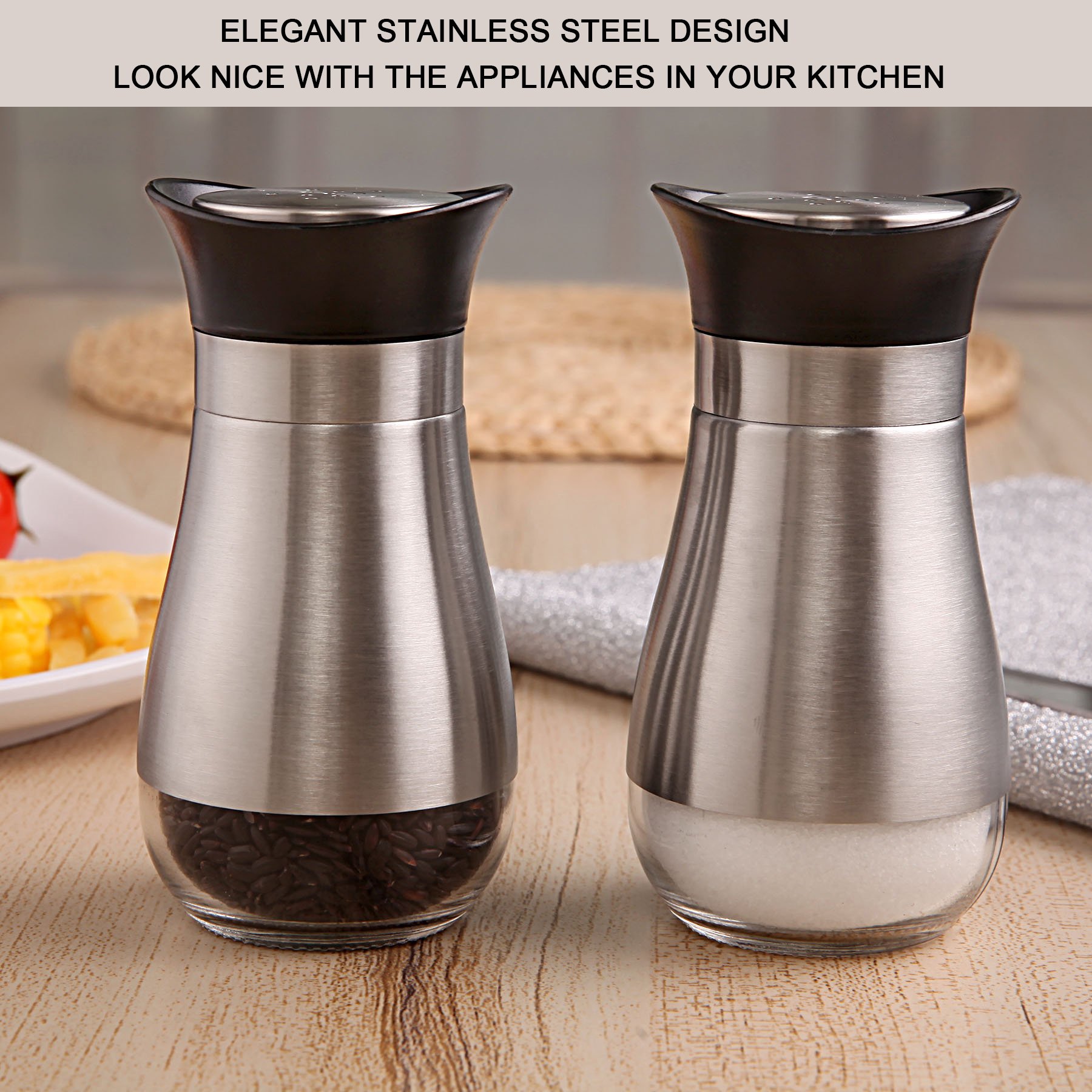 SILUKER Salt and Pepper Shakers Set Elegant Stainless Steel with