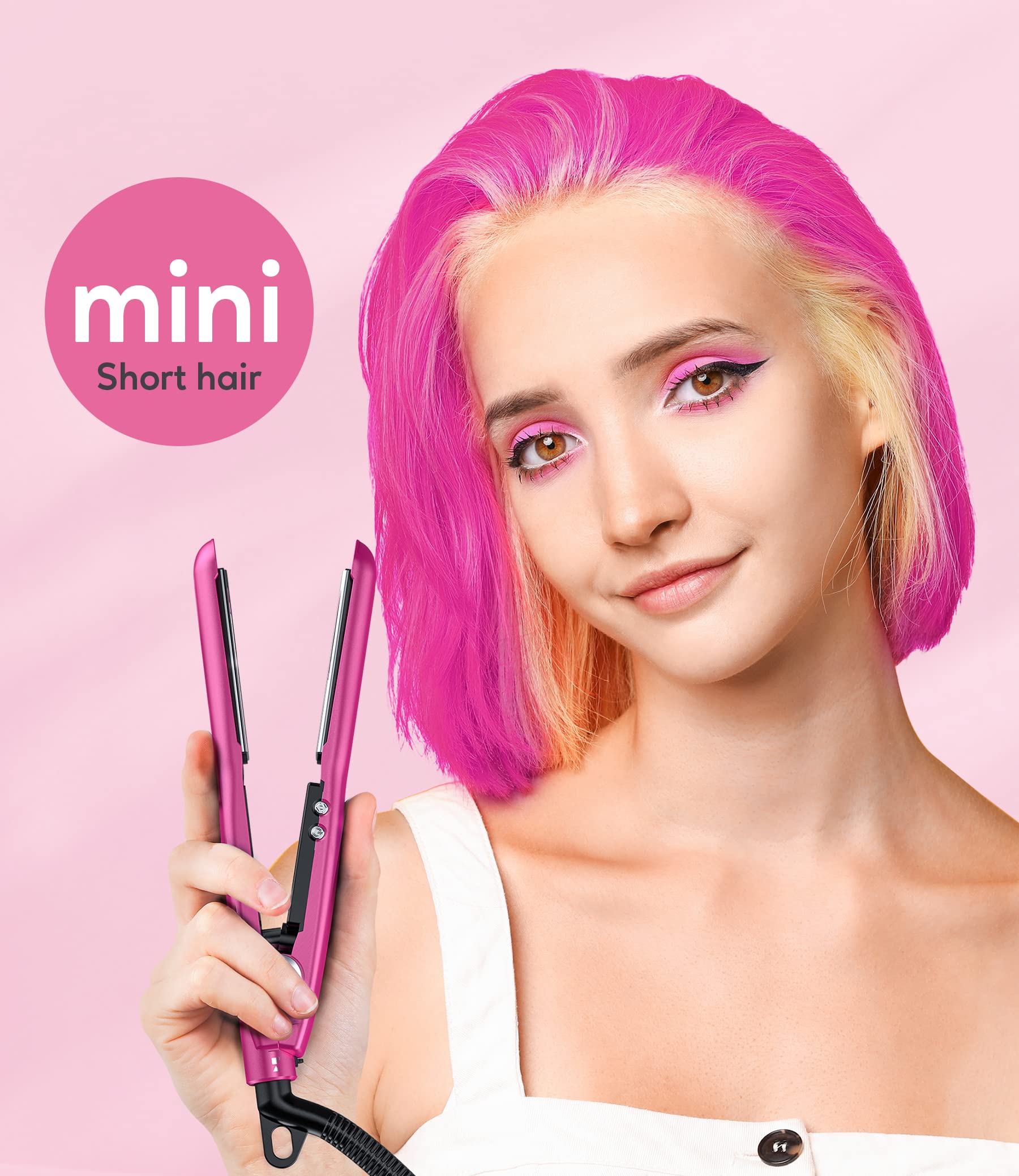 Terviiix Mini Flat Iron Adjustable Temperature, Travel-Size Mini Hair Straightener, Small Flat Irons for Short Hair/Curls Bangs, Ceramic Portable Tiny Hair Curler, Dual Voltage, Auto-Off, Pink, 1/2''