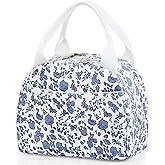 TESAFNG Lunch Bag - Insulated Lunch Box for Women, Reusable Large Capacity Cooler Bag for Adult, Small Leakproof Cute Corduroy Lunch Tote for Work Office Travel Picnic (Corduroy Navy Blue-Flower)
