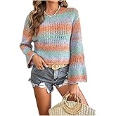 OYOANGLE Women's Colorful Rainbow Striped Sweater Scallop Trim Crew Neck Flare Long Sleeves Fall Knit Sweater
