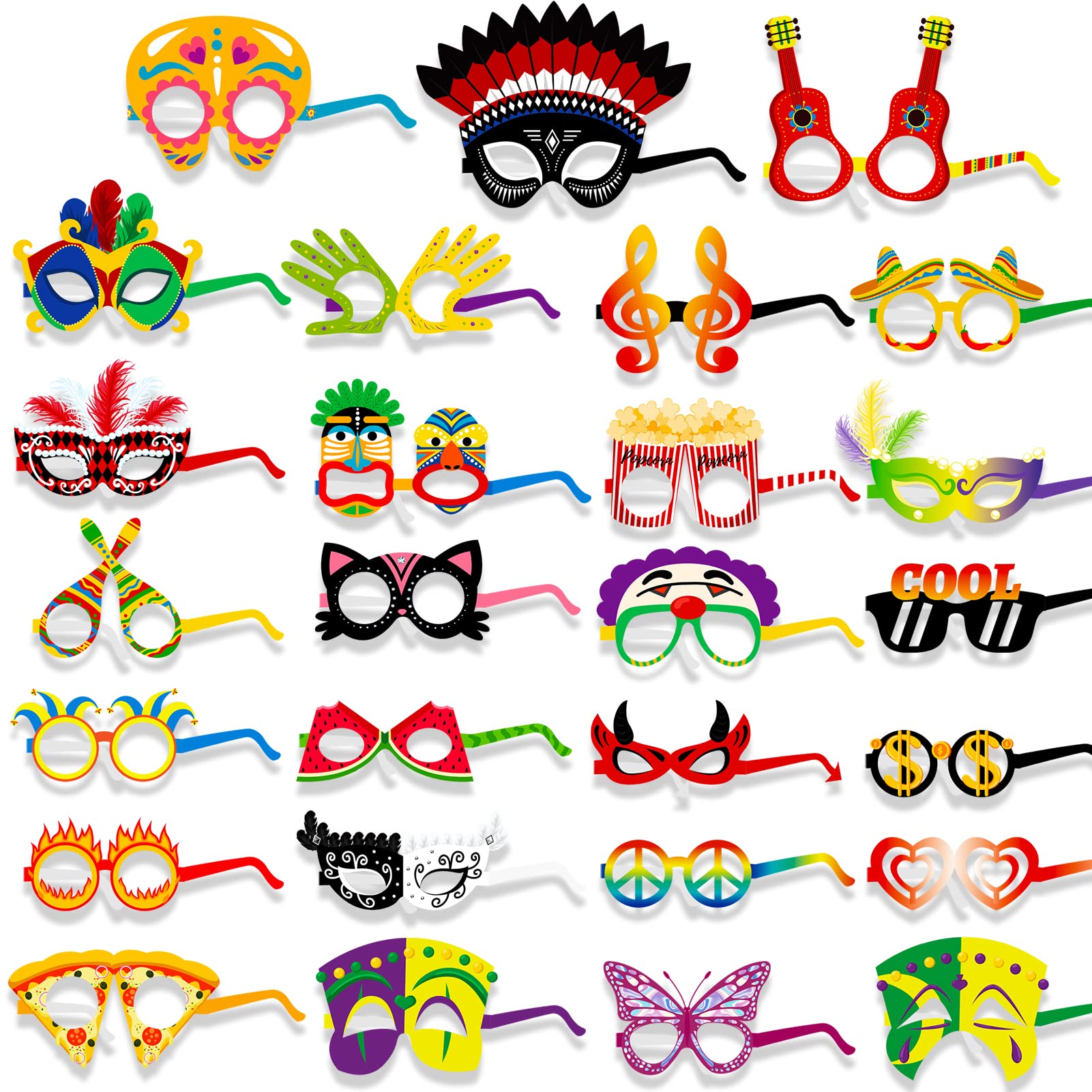 DPKOW 27pcs Novelty Carnival Party Glasses Mask, Paper Fancy Party Eyeglasses for Halloween Carnival Costume Accessories Favor, Venice Parade Birthday Mexican Fiesta Glasses Photo Props Supplies