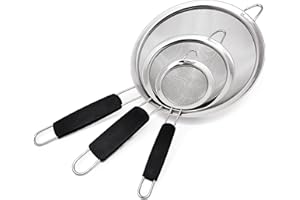 Makerstep Fine Mesh Strainer Set of 3, Stainless Steel 3.38", 5.5", 7.87" Strainers Wire Sieve Sifter with Insulated Handle Strainers for Kitchen Gadgets Tools Premium Colanders, Sifter