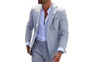 FXZPIODI Seersucker Slim Suits for Men Formal Casul Summer Beach Wedding Grooms 2 Piece Blazer Pants Party Striped Suit Sets