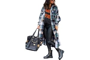 UANEO Plaid Coat Women Button Down Long Plaid Jacket Fall Flannel Trench Coat