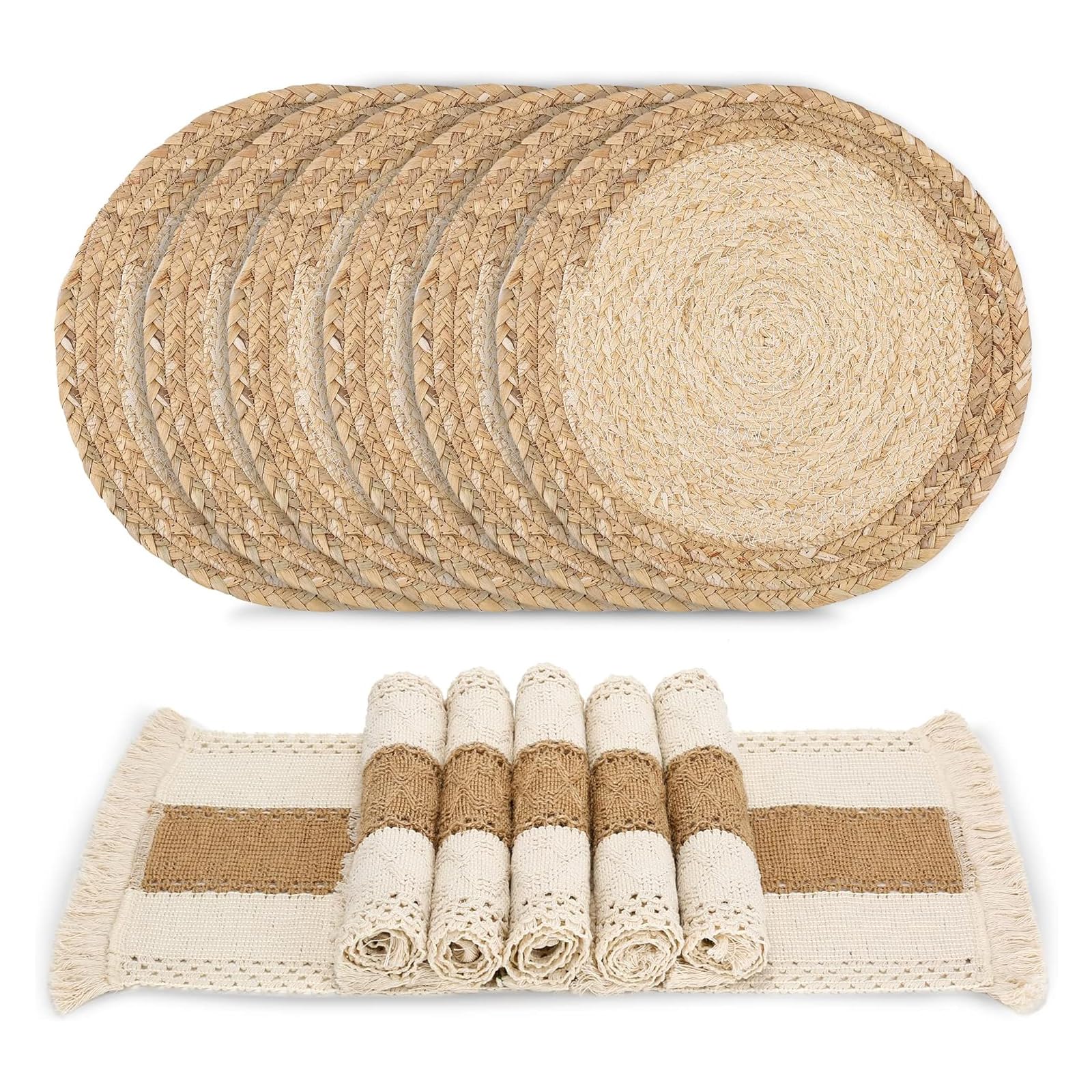 Zology Boho Table Mats Set of 6- Woven Placemats for Family Dinner, Holiday Dining, Kitchen Table Decor |Natural Round Placemats Made of Burdock Grass & Corn Husk,Eco-Friendly
