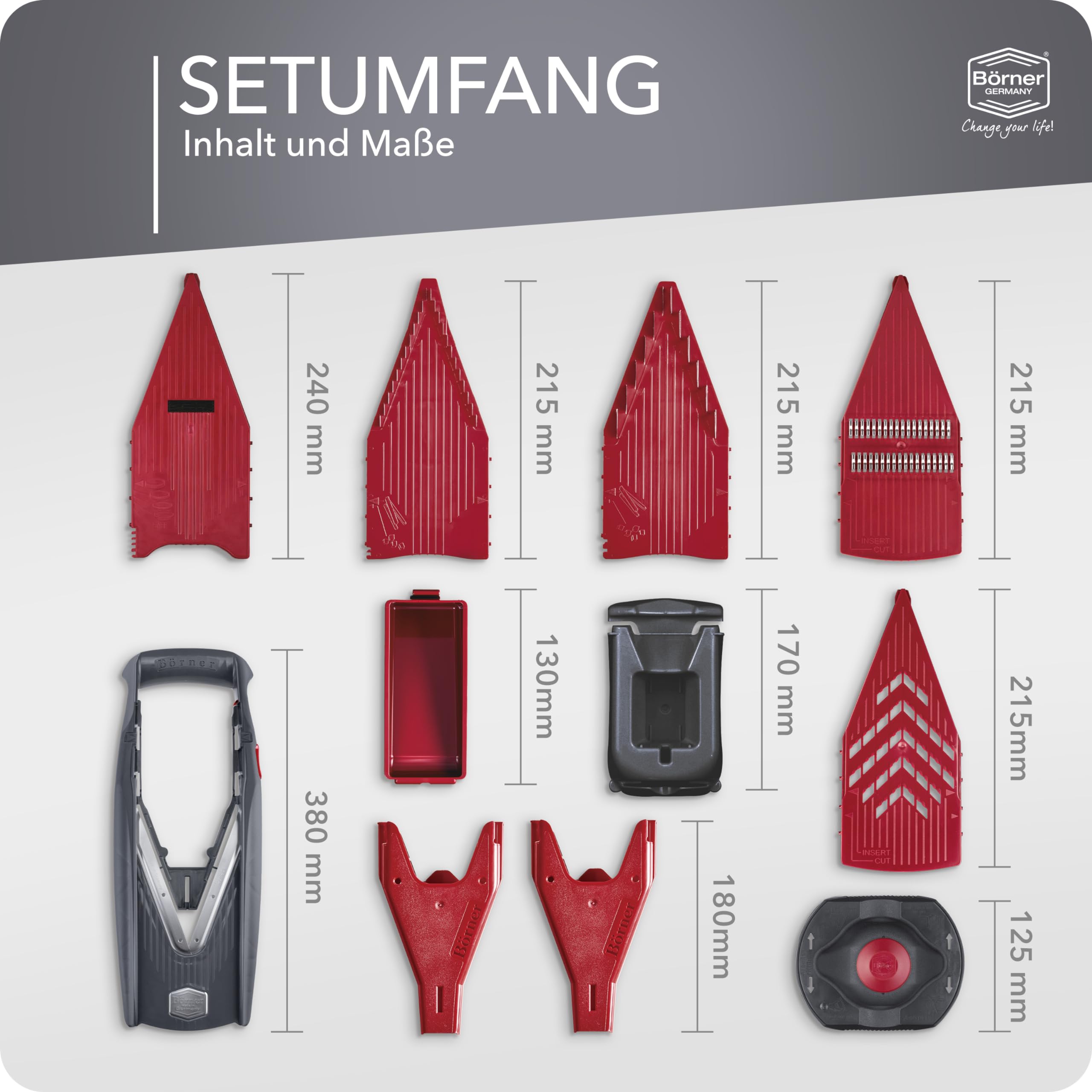 Börner Gemüsehobel Vital (Profi Set) • 12 Schnittarten • Gemüseschneider Edelstahl • Mandoline mit Dressing-Funktion • V-Hobel für Scheiben, Julienne Streifen, Würfel & Gemüsespaghetti 7