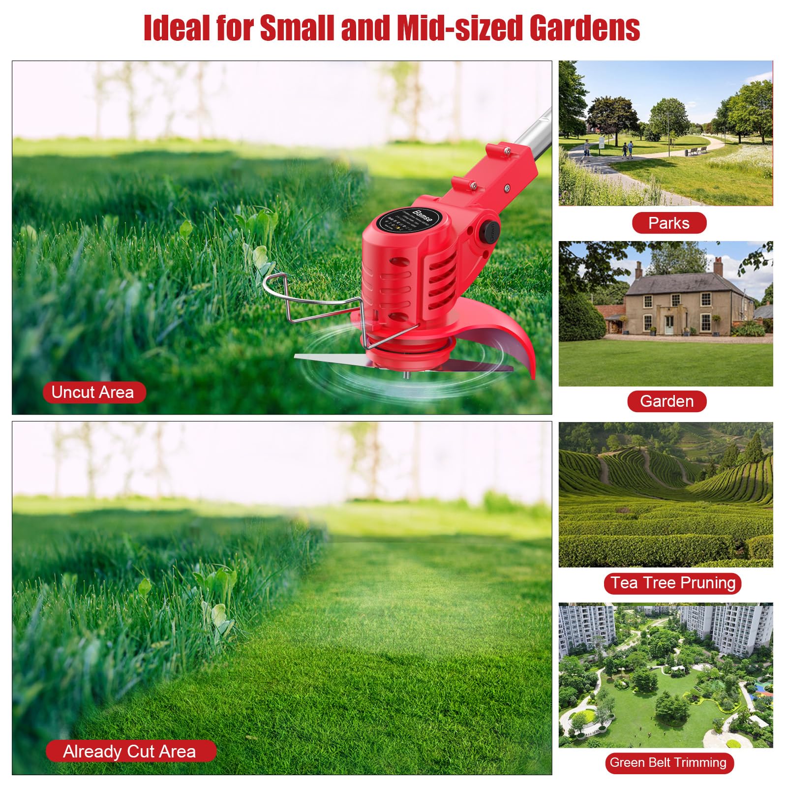 Bamse Rasentrimmer mit Akku – Akku Rasentrimmer, 11000 U/min, 2x2000mAh, Teleskopgriff 85–120cm, 2 Schneidköpfe – Freischneider Akku für Garten, Motorsense, Kantenschneider Rasen, Rot 6