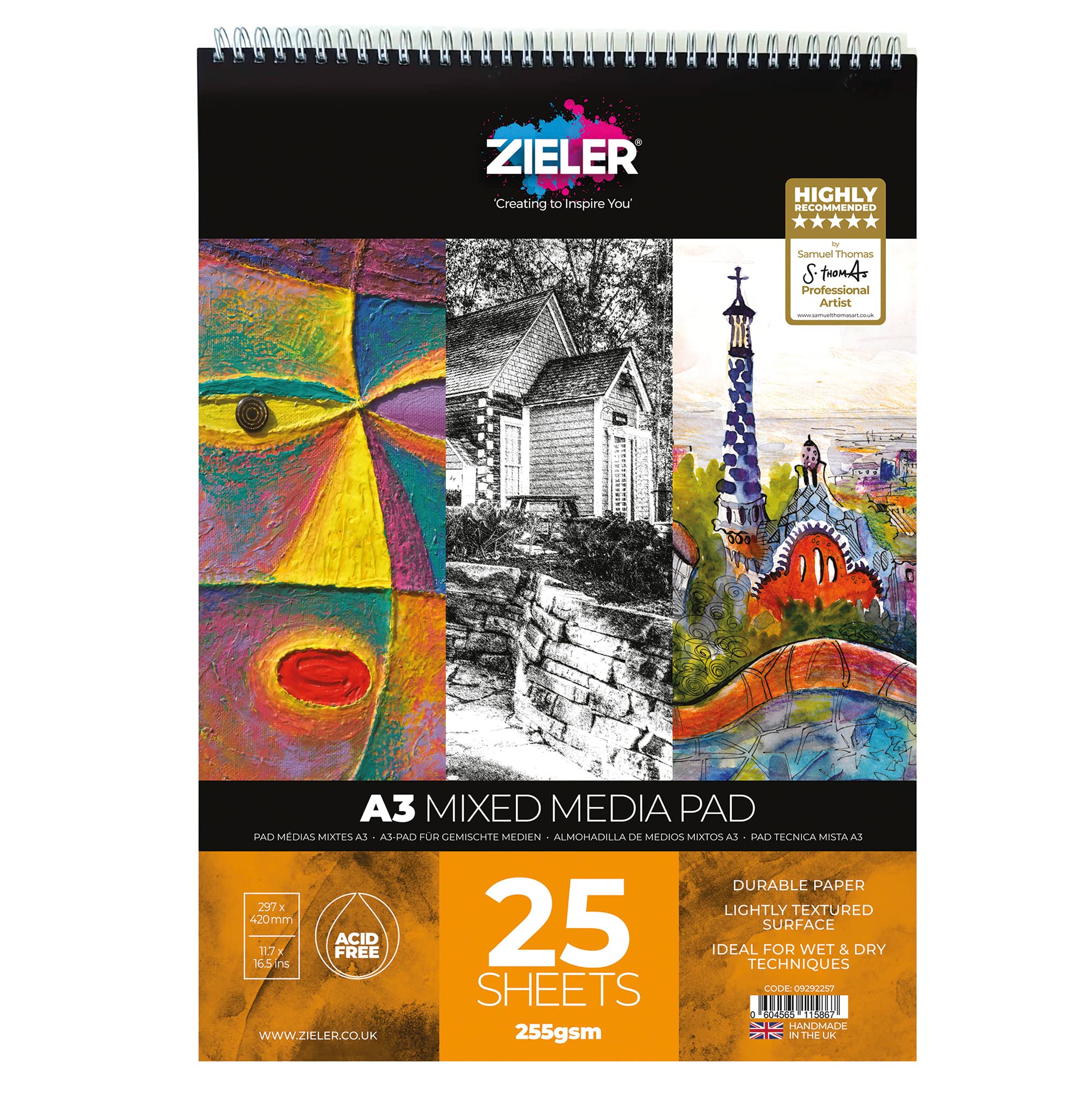 Spiral Bound Mixed Media Art Pad - 255gsm, 25 Sheets - by Zieler™ - Ideal for Wet & Dry Techniques. Made in UK (A3)