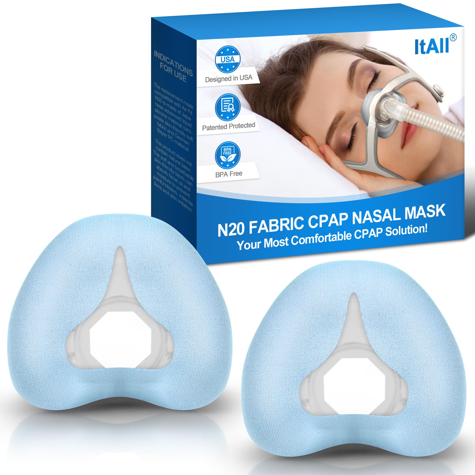 Photo 1 of 2PCs Replacement CPAP N20 Mask Cushion (Medium) for Airfit & Airtouch N20- No Silicone Contact, Latest Fabric Nasal Pillow Supplies-Breathable&Effective Moisture-Wicking for All-Night Comfort (Bule)
