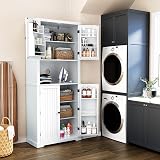 HOLTICO Tall Floor Storage Cabinet - Adjustable Shelves, White Pantry Unit view 6