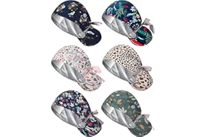 Floraltop 6 Pcs Satin Lined Scrub Caps Women Nurse Surgical Hat with Buttons Ponytail Working Adjustable Pouch Tie Back