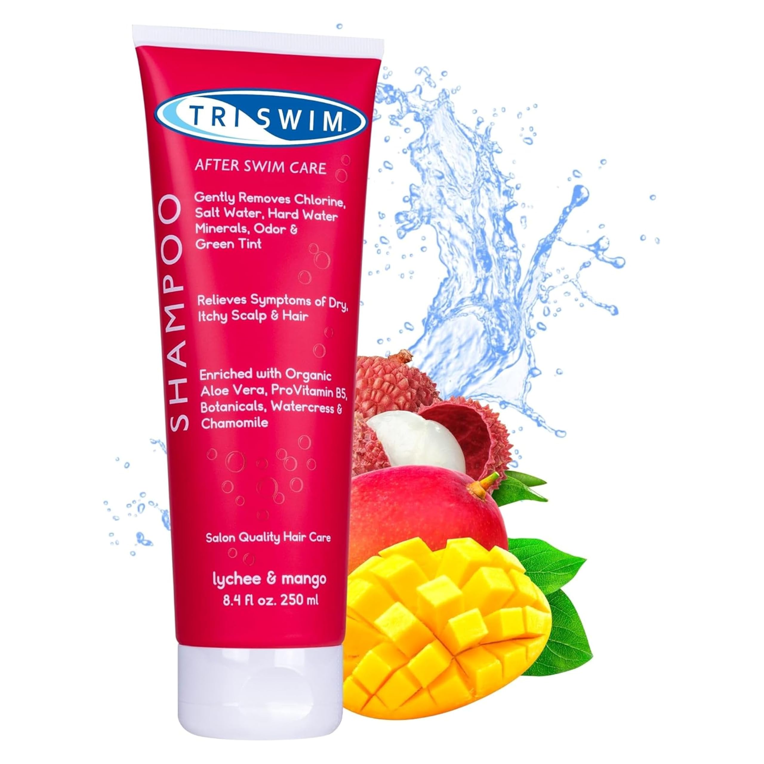 TRISWIM Chlorine Removal Shampoo | After Swim Care | Moisturising Anti-Chlorine Vegan Shampoo For Swimmers | Removes Green Tint | Lychee & Mango (250ml)