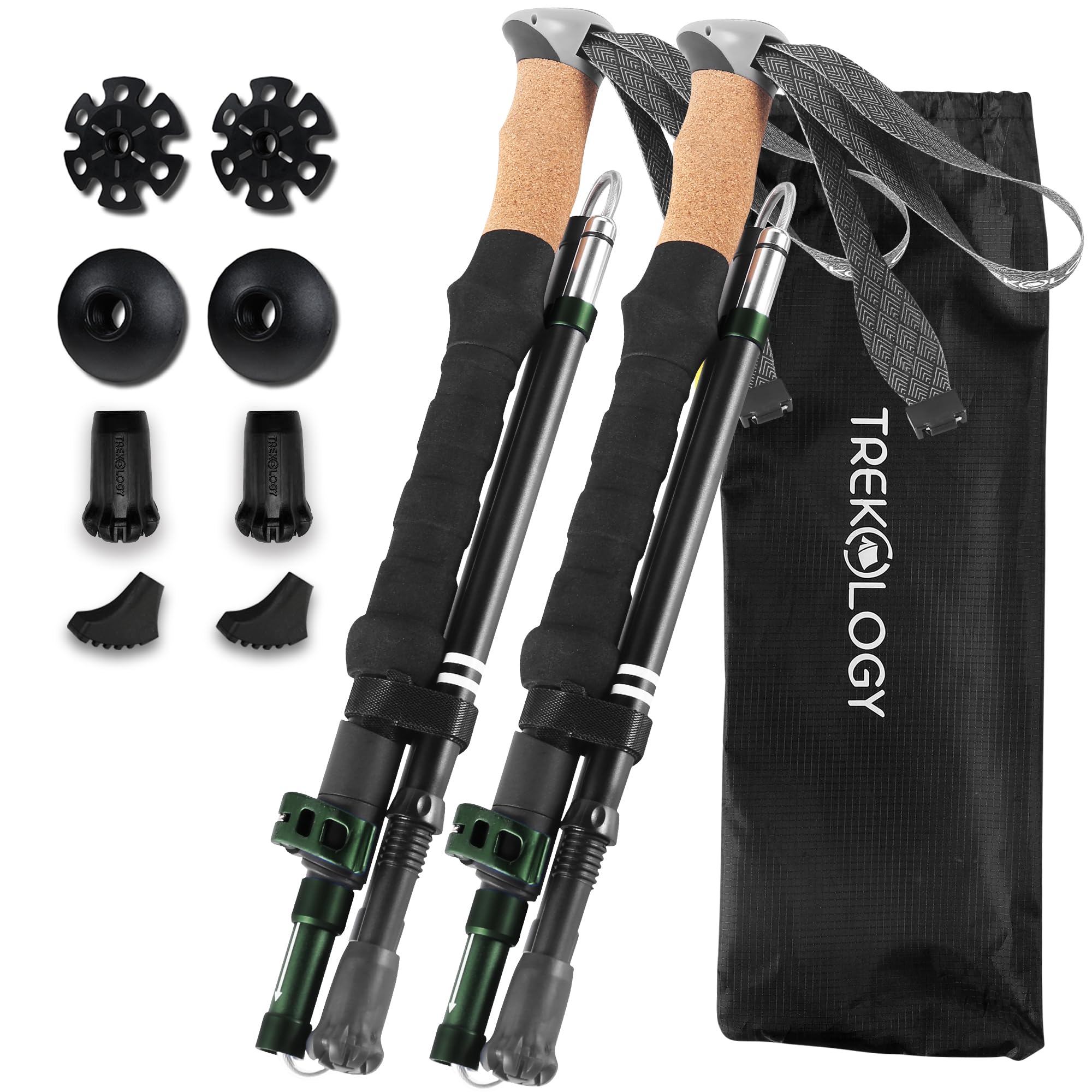 Photo 1 of TREKOLOGY Trek-Z Cork Grip Trekking Poles – Lightweight Folding Hiking Poles, Adjustable Height, Compact Travel Design, Aircraft-Grade Aluminum Walking Sticks for Men & Women (Black with Green)