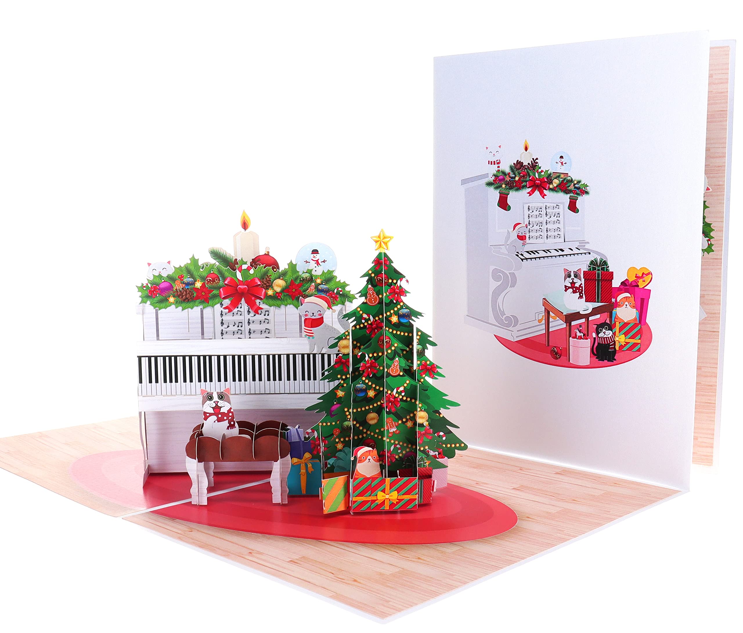 iGifts And Cards Happy Holidays Cats And Piano 3D Pop Up Greeting Card – Fancy Cat Family Christmas Gift, Feliz Navidad Kitty, Funny Season's Greetings Kittens, Cool Feline Lovers Present, 8 X 6 Inch