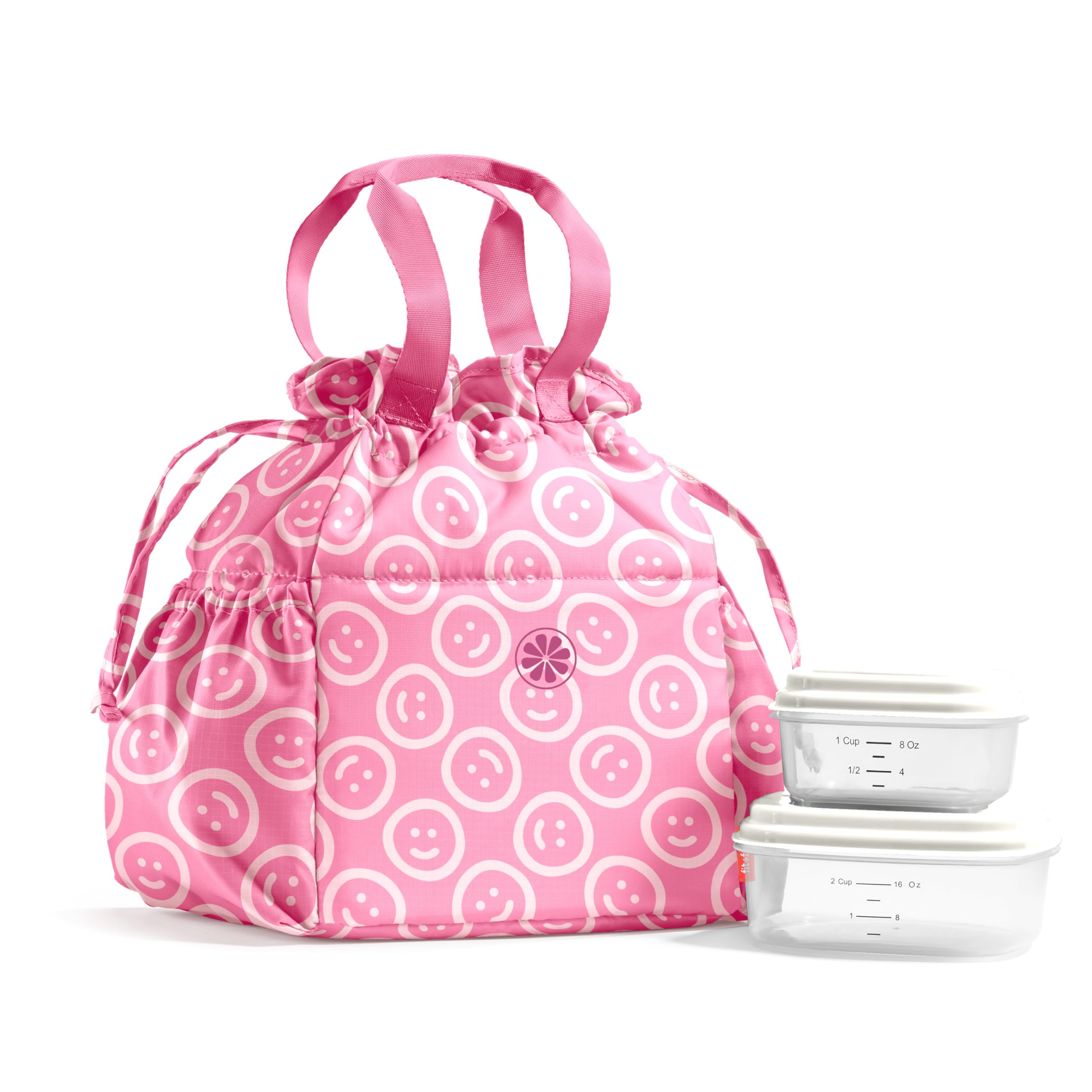 Fit & Fresh Cromwell Drawstring Lunch Bag for Women, Complete Lunch Set with 2 Containers, Stain-Resistant, Leak-Resistant, Back to School Essential, Teacher Lunchbox, All Smiles Fuchsia Image