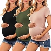 Ekouaer Womens Maternity Shirts 3 Packs Side Ruched Pregnancy Tee Top Tunic Blouse Casual Mama Clothes S-XXL