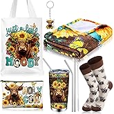 Tiangrid 6 Pcs Valentines Highland Cow Gifts for Women Include 20 oz Stainless Steel Tumbler with Lid and Straw Cosmetic Bag Throw Blanket Keychain Socks Handbag for Women Girls(Blue)