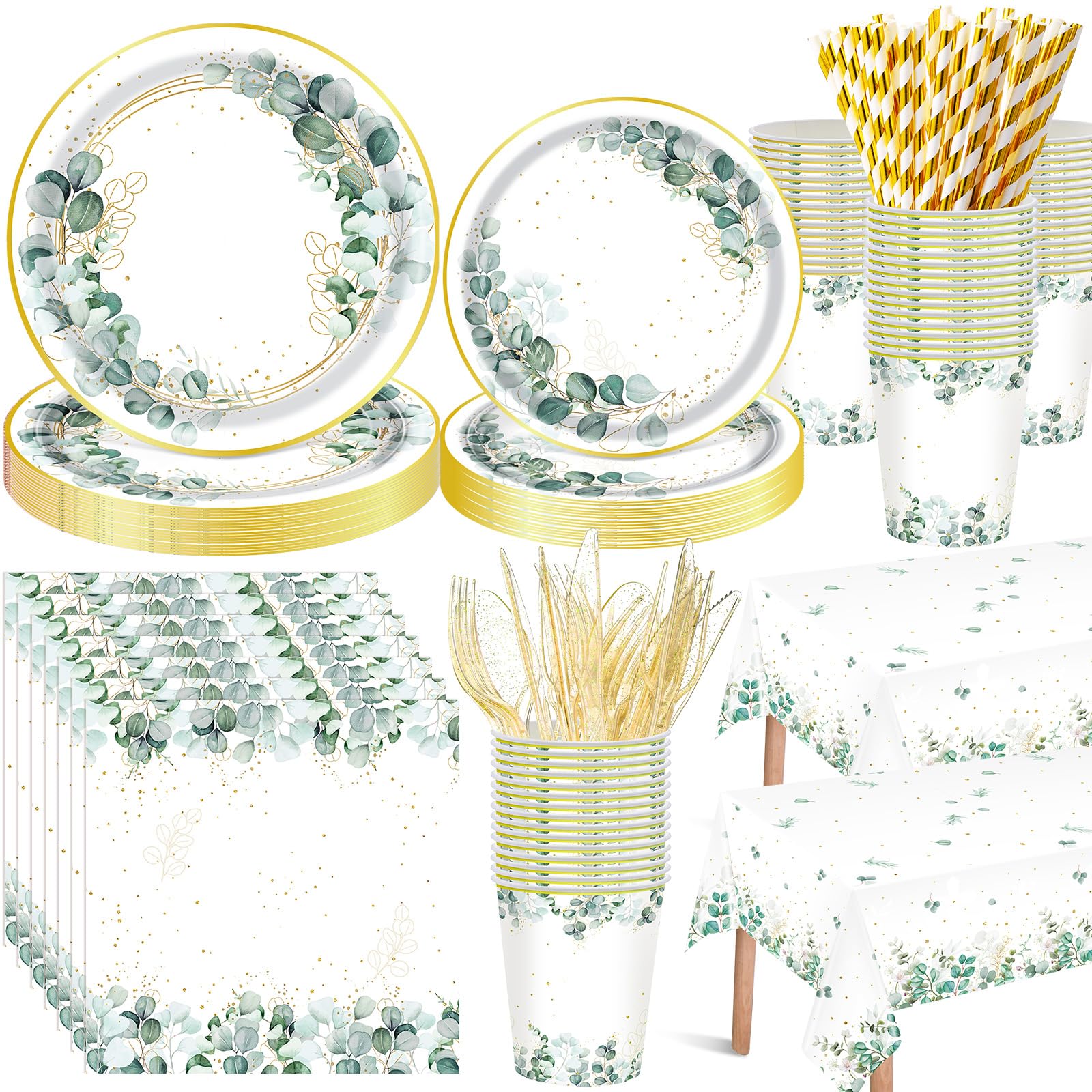 Photo 1 of Funnymoom 452 Pcs Eucalyptus Leaf Party Supplies Decorations Include Sage Green Paper Plates Napkins Cups Tablecloth Cutlery Straws for Baby Shower Birthday Bridal Shower Wedding Party