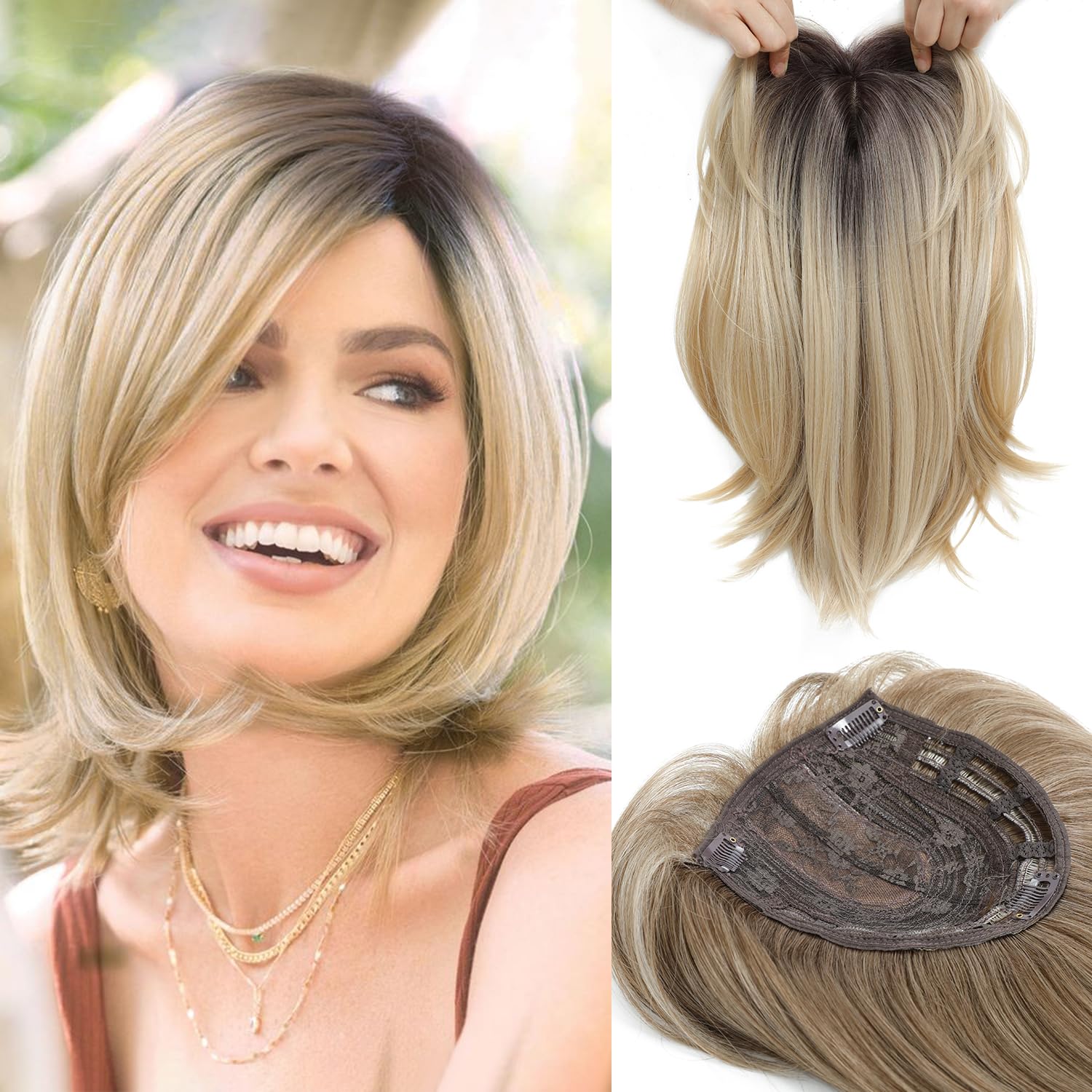 MORICHY 6.5X6.5'' Large Base Hair Toppers for Women Ombre Blonde Hair Topper with Fringe for Thinning Hair Synthetic Wiglets Ladies Hair Pieces for Women (Mix Blonde with Dark Root)