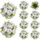 BLOSMON Artificial Flowers Balls Centerpieces: 10 Pcs 9.5" White Fake Peonies Wedding Center Piece Decoration for Table Silk Kissing Ball Floral Arrangements, Base with Faux Peony for Party Home Decor
