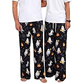 Cute Halloween Ghost Pumpkin Print Pajama Pants Sleep Lounge Pjs Bottoms | Women & Men Sold Separately, Witch Hat Cat Spooky Graphic Pajama Pants With Pockets, Wide Leg Halloween Sleepwear Home Wear