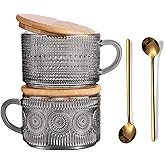 JVJRFQ Vintage Glass Coffee Mugs, 14 Oz Set of 2 Embossed Glassware Tea Cups for Breakfast, Dessert, Cappuccino, Latte, Cereal, Yogurt, Beverage Gift