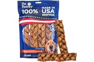Pet Factory 7in Braided Beefhide Dog Chew Sticks with Peanut Butter Flavor - 100% USA Made Rawhide Chews for Medium Dogs, Long Lasting Dental Health, 7 inches (Pack of 6)