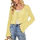 Balimtoy Women Tie Front Cardigan Crochet Sweater Crop Tops Cute Bell Long Sleeve Knit Shrug Beach Vacation Cover Up