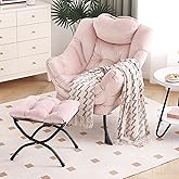 Furlide Lazy Chair with Ottoman, Modern Chair with Folding Footrest, Velvet Pink Accent Chair, Comfortable Reading Chair, Oversized Armchairs for Bedroom, Study, Living Room, Courtyard