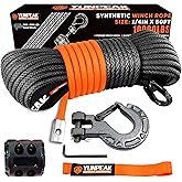 YUNPEAK Synthetic Winch Rope Kit, 1/4" x50 ft 10000LBS Winch Cable Replace Kit, with Protective Sleeve, Heavy Duty Hook, Rubb