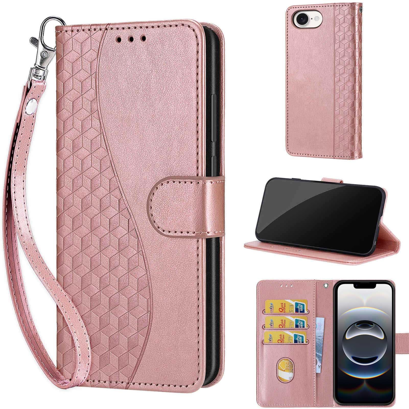 KENHONER Designed for iPhone 17e / iPhone 16e Case Wallet,Women Flip Folio Cover with Embossed PU Leather Stand Credit Card Holders Slots Wrist Strap Phone Case 17 E/16 E 6.1 Inch (Rose Gold)