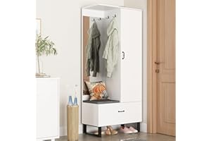 Homsee Modern Hall Tree with Cushioned Bench, Mirror & 5 Compartments, 4-in-1 Entryway Bench with Coat Rack, Tall Hall Tree with 2 Double Hooks and Drawer for Hallway, Living Room, White