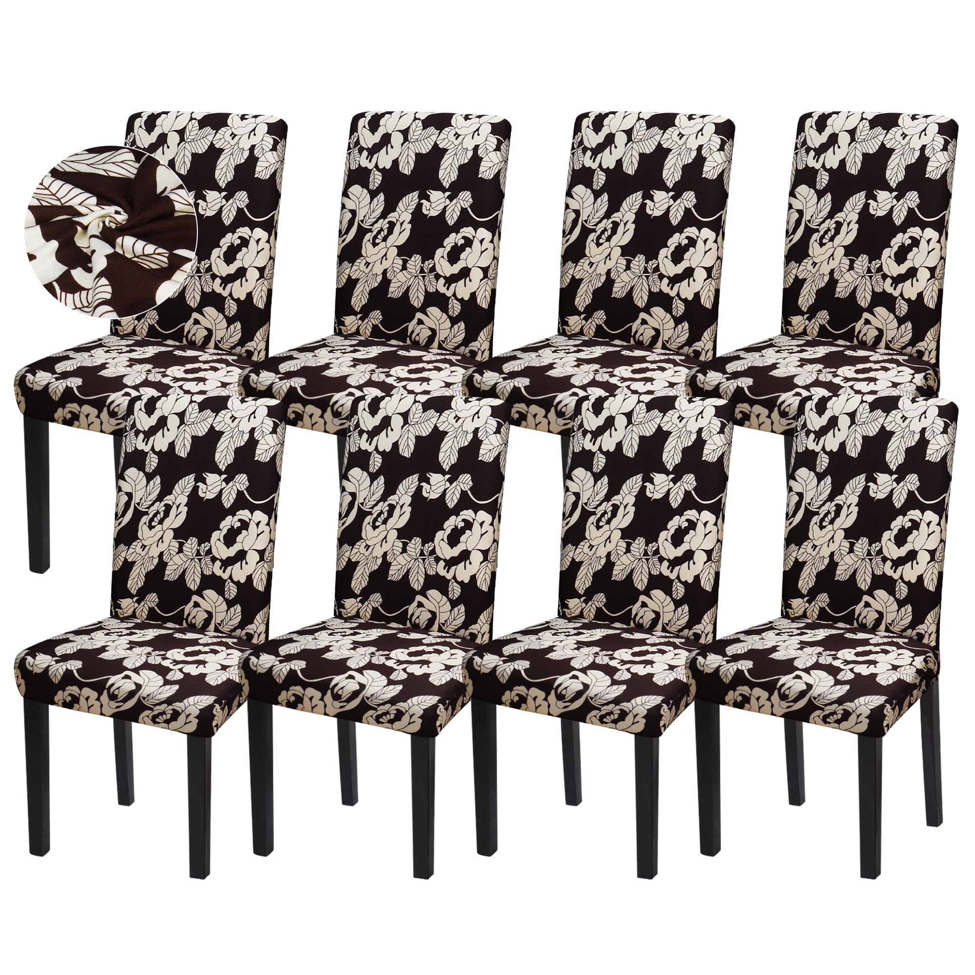 Sufdari Dining Chair Covers,Kitchen Chair Cover,Parsons Chair Slipcover,Spandex Chair Protectors for Dining Room Stretch Chairs Cover Set of 8 -Beige Floral Image