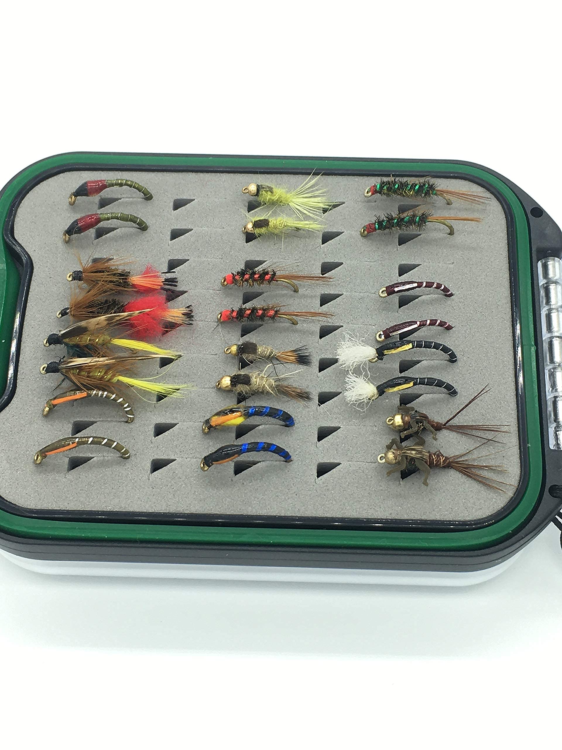 BestCity Small waterproof double sided smart fly box with lanyard PLUS 24 Fly Selection Nymphs, Wets & Buzzers for trout
