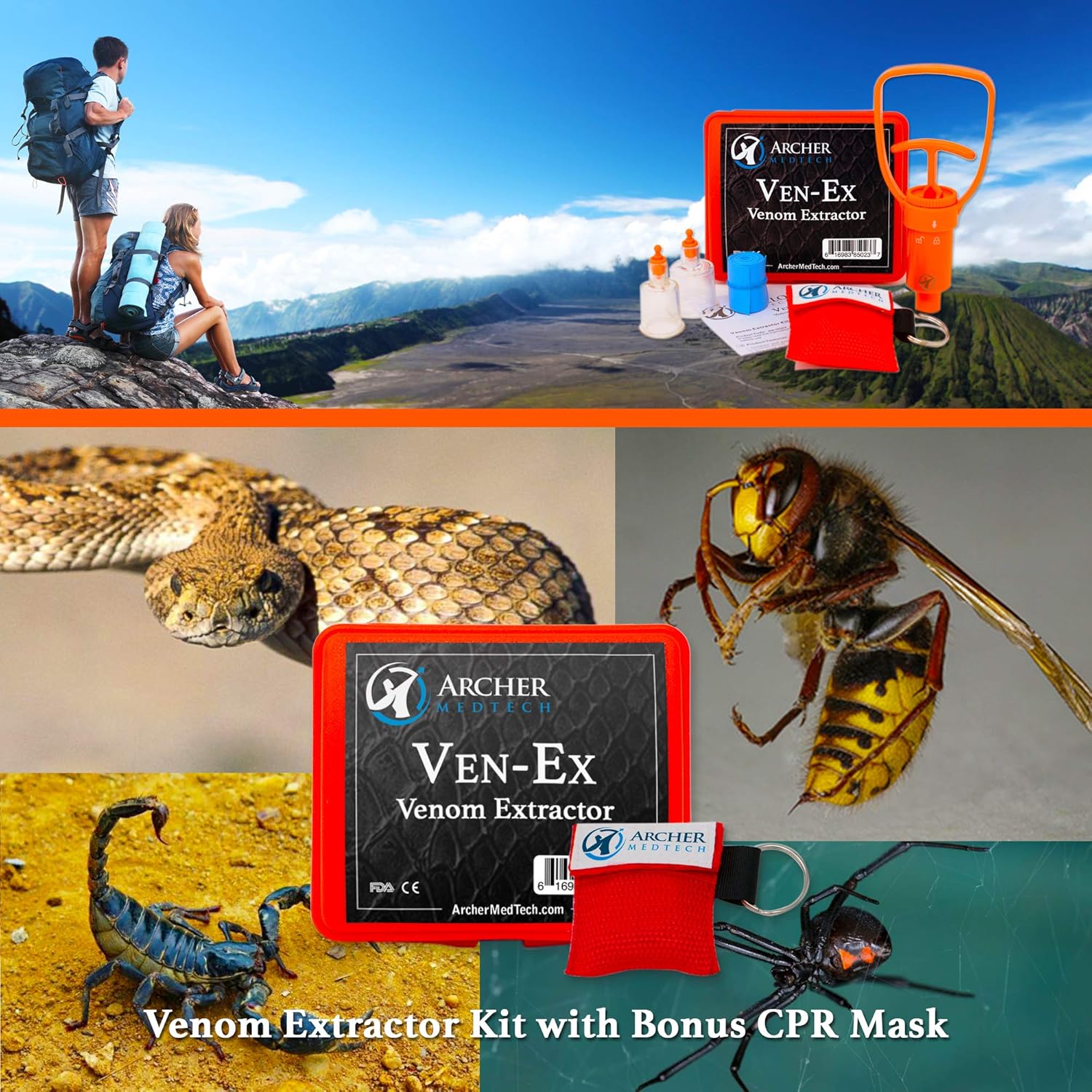 Ven-Ex Snake Bite Kit, Bee Sting Kit, Emergency First Aid Supplies, Venom Extractor Suction Pump, Bite and Sting First Aid for Hiking, Backpacking and Camping. Includes Bonus CPR face Shield.: Health & Personal Care