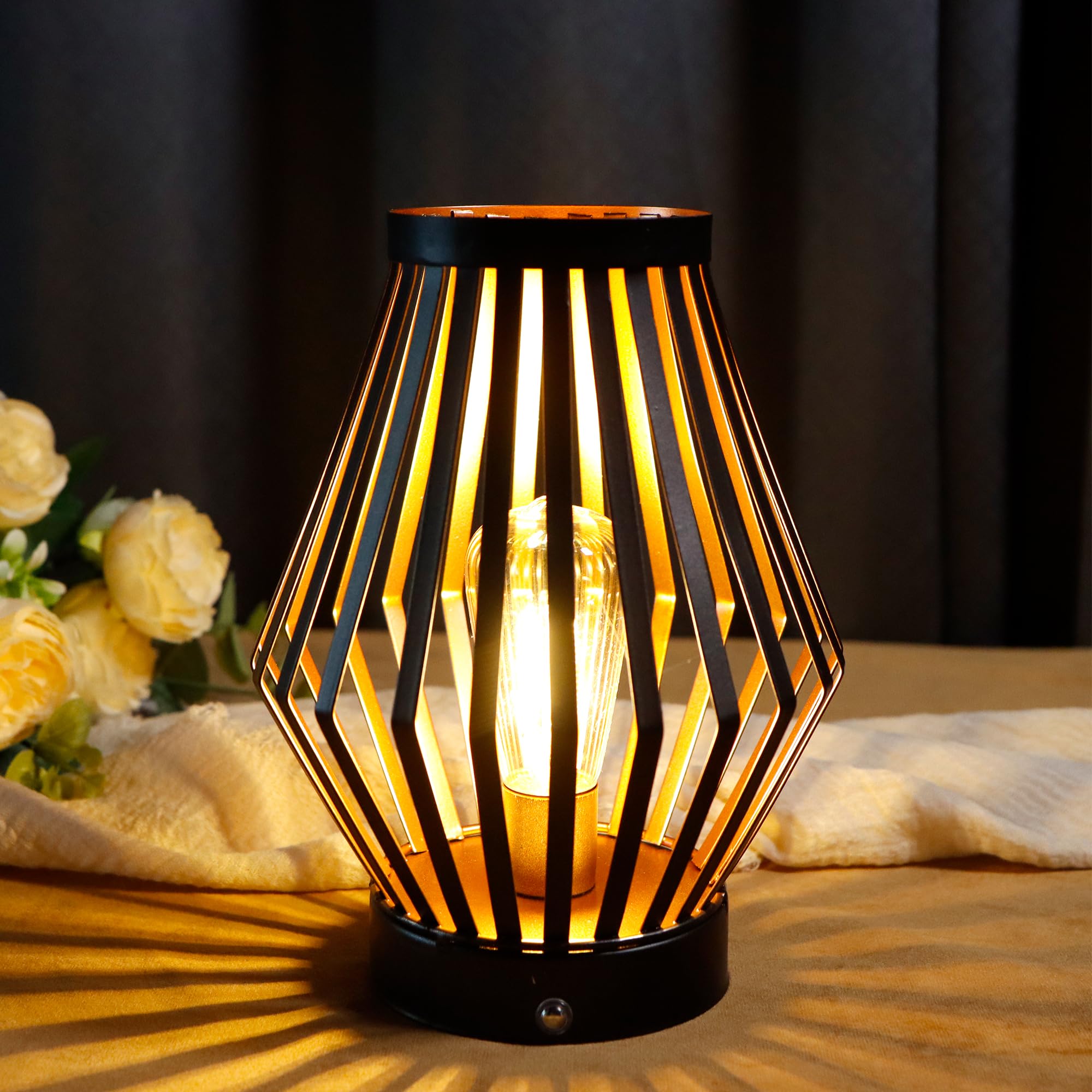 Photo 1 of JHY DESIGN Dimmable Touch Bedside Table Lamp 8.5''H Rechargeable Metal Cage Lantern with LED Edison Style Bulb Cordless Accent Lamp for Weddings Parties Patio Events for Indoors Outdoors