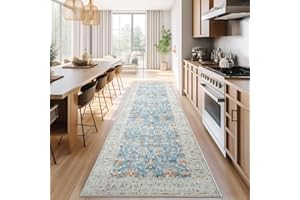 jinchan Runner Rug 3x8 Washable Rug - Boho Vintage Floral Low Pile Thin Non-Slip Non-Shedding Rug for Entryways, Kitchen, Living Room, Bedroom, Hallway, Floor, Laundry Room, Blue Multi
