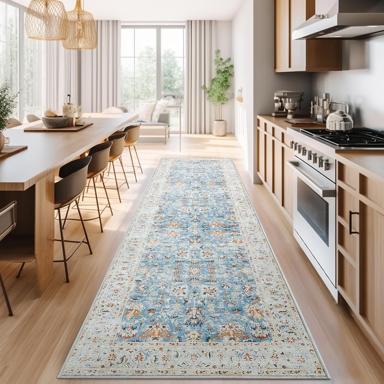 Photo 1 of jinchan Hallway Runner Rug 3x10 - Vintage Kitchen Rug Washable Runner Floral Boho Floor Cover Lightweight Non Slip Thin Retro Distressed Carpet for Bathroom Laundry Room Bedroom Stairway Light Blue