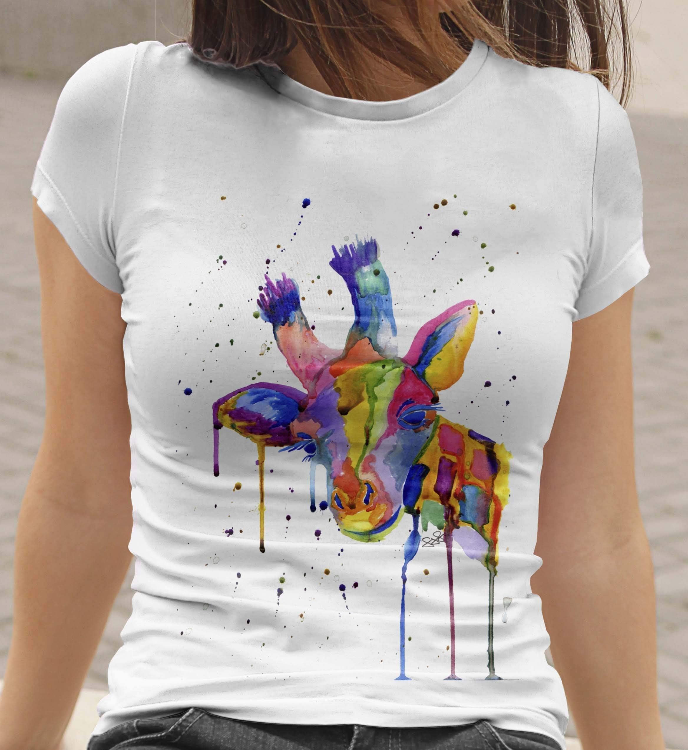 Womens Giraffe T-Shirt by Menagerie Of Mayhem | Ladies Rainbow Giraffe, XS S M L XL XXL