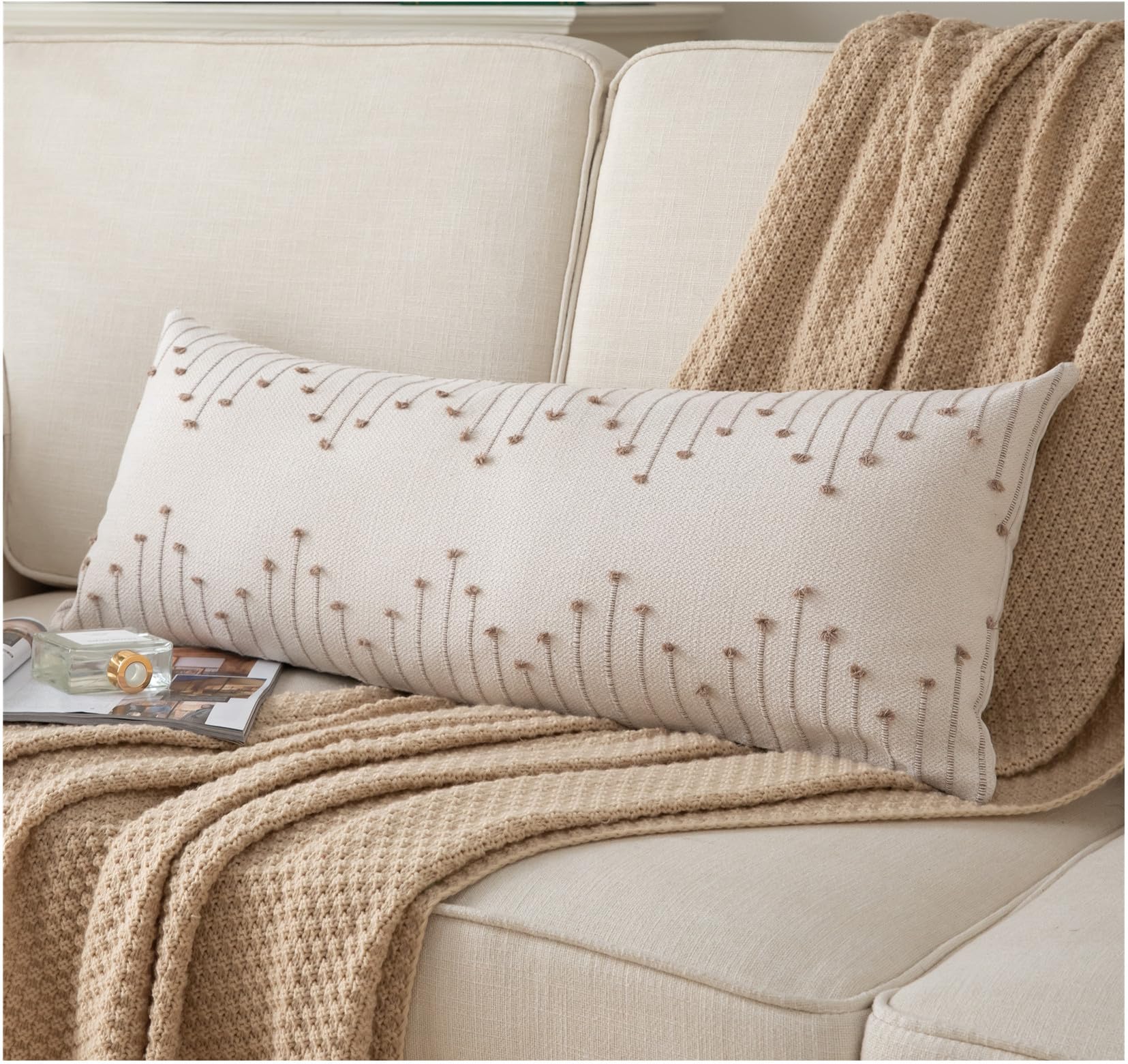 Photo 1 of Caflife Boho Lumbar Pillow Cover 14x36 Long Pack of 1 Decorative Pillows Bed, Beige with Tan Body Throw Pillow Covers, for Modern Farmhouse Sofa Bedroom Living Room Home Decor Couch Pillowcase