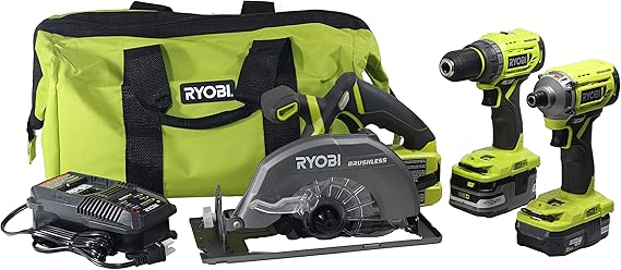 Ryobi P1837 18V One+ Cordless Brushless 3 Tool Combo Contractor Kit (9